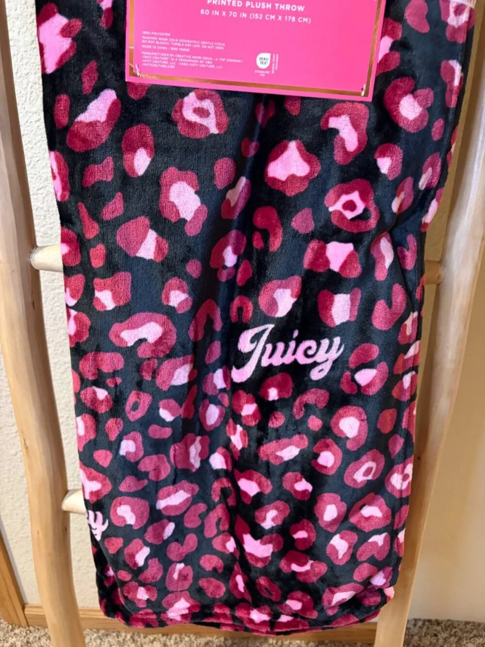 Juicy Couture Love Juicy Black Red Pink Leopard Plush Throw Blanket 60x70 Black